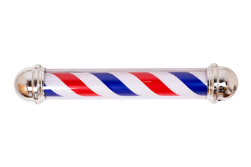 Vintage barber pole, rotating, illuminated, with red blue stripe, isolated with white background, barber pole