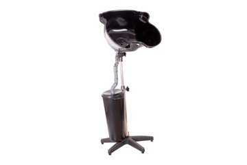 Portable hair wash basin sink, hair salon wash basin sink height adjustable, upside down, black color, hairdresser and barber equipment, isolated with white background.