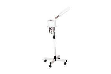 Foot steamer, for beauty treatments, electric, wheeled, isolated with white background, plastic and metal, white color