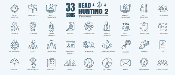 Headhunting And Recruiting minimal thin editable stroke icon set. Included the line icons as Recruitment, Career Goals, Resume or CV and more. Outline icons collection. Simple vector illustration.