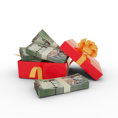 Stack of Barbados dollar notes inside an open red gift box. Bundles of Barbados dollar inside a gift box. 3d rendering of money inside box isolated on white background, Barbadian dollar