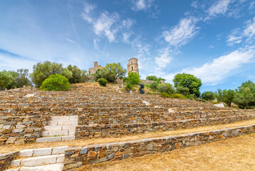 Obraz premium View from the steps of the historic medieval Chateau de Grimaud, or Grimaud Castle in the hills above Saint-Tropez, France. 