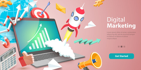 3D Vector Conceptual Illustration of Digital Marketing, Content Strategy and Management