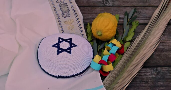 Jewish ortodox festival traditional symbols of Sukkot the four species in Etrog, lulav, hadas, arava