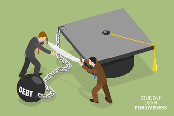 3D Isometric Flat Vector Conceptual Illustration of Student Loan Forgiveness, Cost of Education - obrazy, fototapety, plakaty