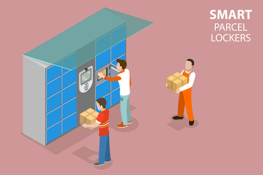 3D Isometric Flat Vector Conceptual Illustration of Smart Parcel Lockers, Self-service Pack Station