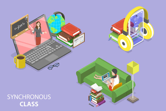 3D Isometric Flat Vector Conceptual Illustration of Synchronous Class, Distance Learning Technologies