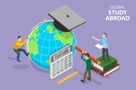 3D Isometric Flat Vector Conceptual Illustration of Global Study Abroad, Educational Tourism