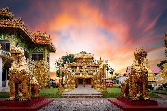 Wat Thai Wattanaram, Thai temple that is built in Myanmar style. There is a beautiful golden color in Mae Sot District, Tak Province, Thailand.