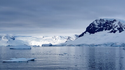 Icebergs floating in the bay in front of snow covered mountains at Portal Point in Antarctica