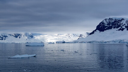 Icebergs floating in the bay in front of snow covered mountains at Portal Point in Antarctica