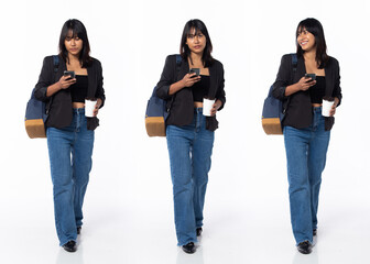 Fototapeta premium Full length 30s adult Asian Indian Woman business, walking forward left right