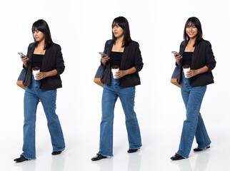 Full length 30s adult Asian Indian Woman business, walking forward left right