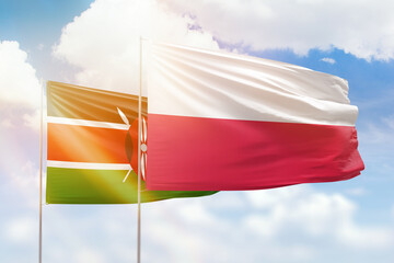Sunny blue sky and flags of poland and kenya