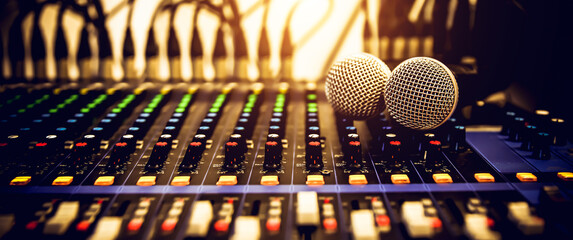Close-up microphone and sound mixer in studio for sound record control system and audio equipment and music instrument