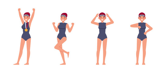 Set of Female swimmer character vector design. Presentation in various action with emotions, running, standing and walking.