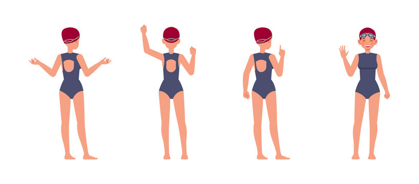 Set of Female swimmer character vector design. Presentation in various action with emotions, running, standing and walking.