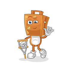 suitcase head sick with limping stick. cartoon mascot vector