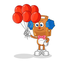 suitcase head clown with balloons vector. cartoon character