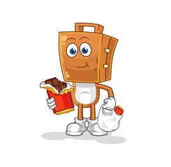 suitcase head eat chocolate mascot. cartoon vector