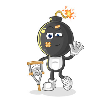 bomb head sick with limping stick. cartoon mascot vector
