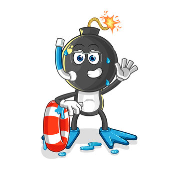 bomb head swimmer with buoy mascot. cartoon vector
