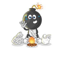 bomb head roasting marshmallows. cartoon mascot vector