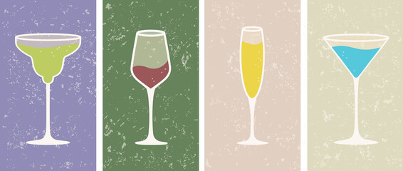 Scratched textured backgrounds with alcoholic cocktails glasses in muted pastel colors. Vector illustration, set of vertical banners, posters, templates, prints with hand drawn leaves and shapes
