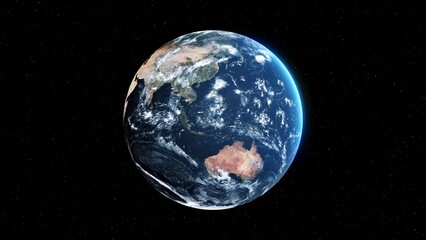 Planet earth with realistic geography surface and orbital 3D cloud atmosphere . Outer space view of world globe sphere of continents . 3D rendering graphic . Elements of this image furnished by NASA . - obrazy, fototapety, plakaty