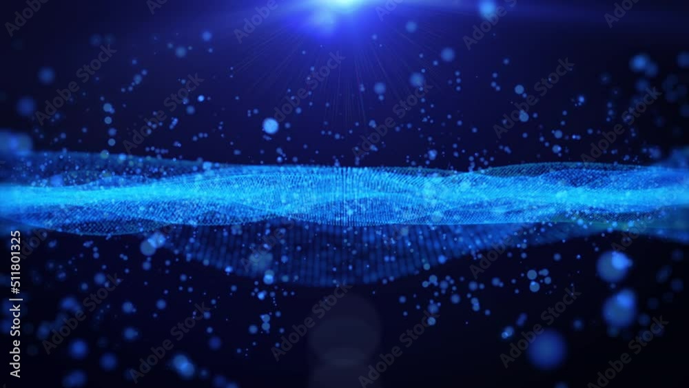 Poster Abstract digital blue dynamic wave particle structure flowing 4K loop motion background.