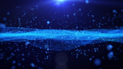 Abstract digital blue dynamic wave particle structure flowing 4K loop motion background. - Powered by Adobe