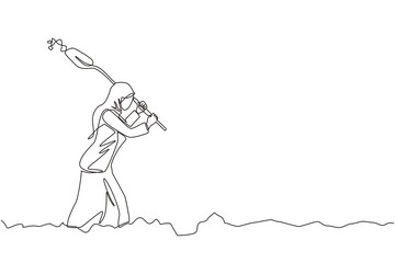 Single continuous line drawing Arabian businesswoman digging in dirt using shovel. Woman in hijab dig ground with spade. Treasure digging, wealth concept lucky rich woman. One line draw design vector