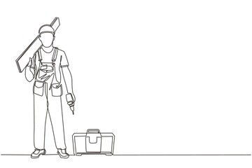Single one line drawing timber frame house construction worker. Repairman standing with board, tool box, and drill. Building, construction, repair work services. Continuous line draw design vector