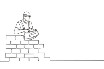Continuous one line drawing repairman building brick wall. Construction worker in uniform and helmet doing work. Builder concept. Repair work services. Single line design vector graphic illustration