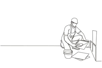 Fototapeta na wymiar Single one line drawing repair worker laying ceramic wall tile. Professional tiler in uniform working. Repairman in overalls tiling at home. Continuous line draw design graphic vector illustration