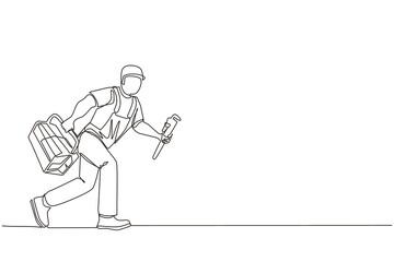 Continuous one line drawing mechanic repairman worker with tools is running. Technical service. Plumber with monkey wrench and toolbox run forward. Single line draw design vector graphic illustration