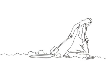 Single continuous line drawing Arab businessman walking unsteadily leaving hole dug dragging shovel. Man dig in tunnel trying to get to goal. He gave up and stopped trying. One line draw design vector
