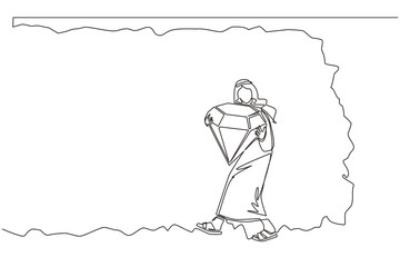 Continuous one line drawing Arabian businessman bearing big diamond from underground. Treasure digging with someone carry diamond. Success, achievement concept. Single line design vector illustration