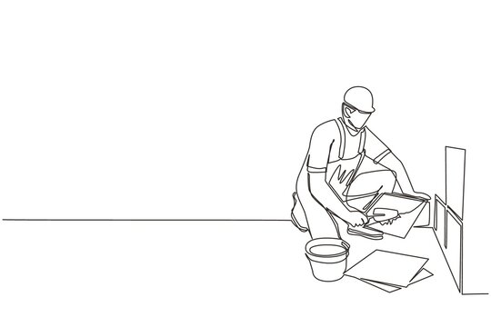 Single one line drawing repair worker laying ceramic wall tile. Professional tiler in uniform working. Repairman in overalls tiling at home. Continuous line draw design graphic vector illustration