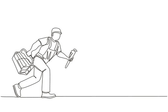 Continuous one line drawing mechanic repairman worker with tools is running. Technical service. Plumber with monkey wrench and toolbox run forward. Single line draw design vector graphic illustration