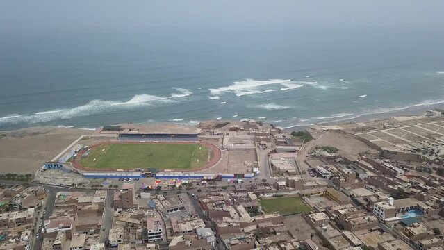 aerial drone view of Chancay, lima, peru and the sea in 4k