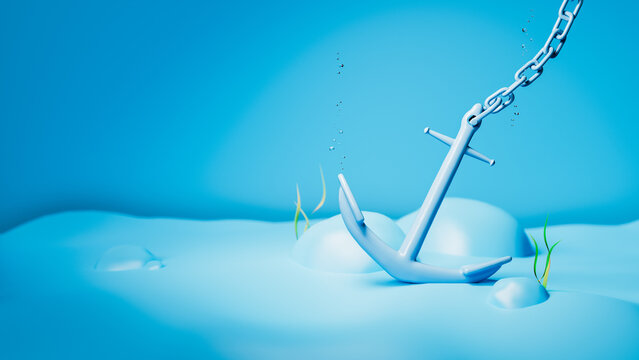 Rusty steel anchor on a blue background. 3D rendering, illustration
