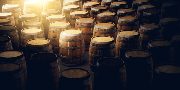 Wooden wine barrels on a dark background. 3D Rendering, illustration.