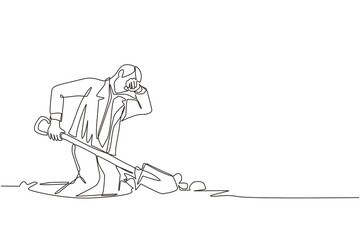 Obraz premium Single continuous line drawing businessman wipes sweat on his forehead while digging hole. Worker never give up to finish his job. Work hard concept. One line draw graphic design vector illustration