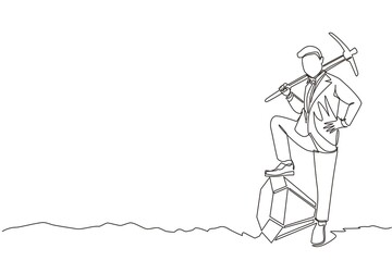 Single one line drawing businessman digging ground with pickaxe and finding big diamond. Success business, achievement, and discovery concept. Continuous line draw design graphic vector illustration
