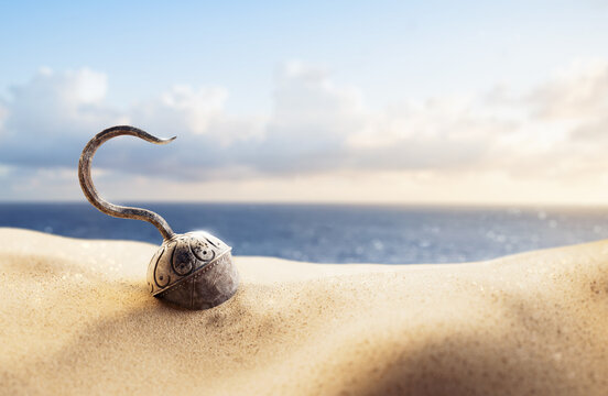 3D rendering / illustration of a pirate's hook on the sand