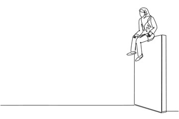 Single one line drawing Arabic businesswoman sad sitting on wall thinking of profit loss, crisis and financial losses in trading market. Evaluation business concept. Continuous line draw design vector