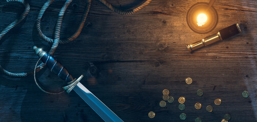 Obraz premium a pirate's cutlass sword and pirate elements on a desk at night. 3D Rendering, illustration