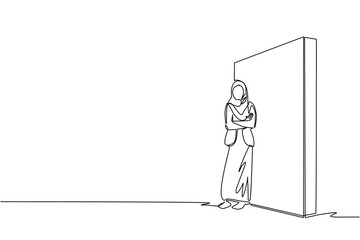 Single one line drawing Arabic businesswoman standing and lean against wall, thinking something about new business company. Full length or body. Continuous line draw design graphic vector illustration