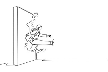 Single one line drawing Arabic businesswoman run and breaking through brick wall. Leadership concept. Business concept of obstacle and solution. Continuous line draw design graphic vector illustration